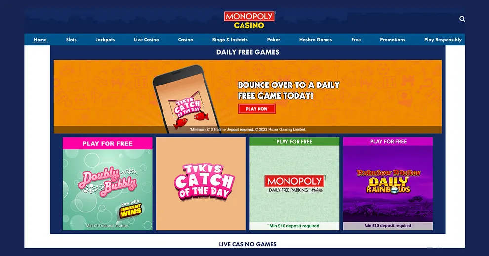 The Monopoly Casino desktop site provides a clean, fresh look and easy navigation to the various game categories.