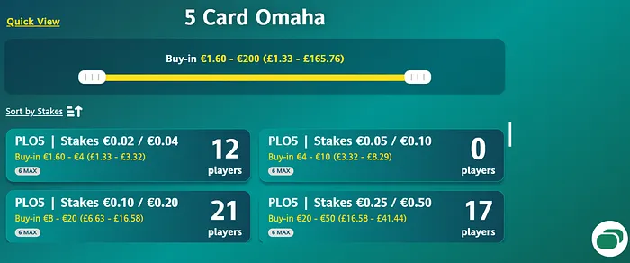 Bet365 Poker 5-card Omaha cash games lobby