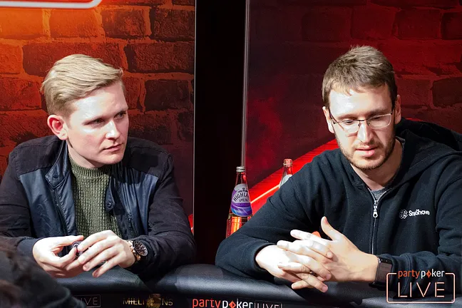 Max Silver (right) gets the better of Steve Warburton (left) in a huge hand in the partypoker £10,300 High Roller