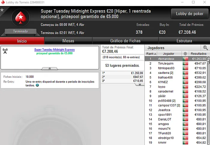 PokerStars.pt: tribetes10 Conquista The Hot BigStack Turbo €50 & Mais 102