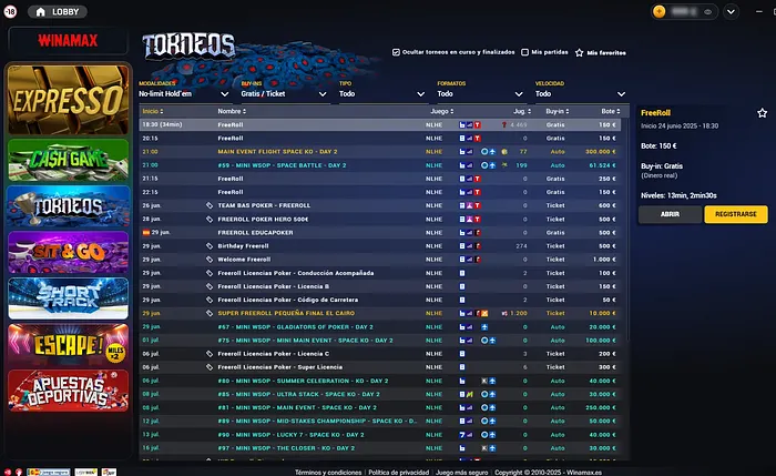 Lobby del torneos en Winamax