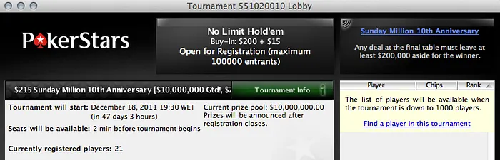 Sunday Million com .000.000 garantidos no prize pool 101