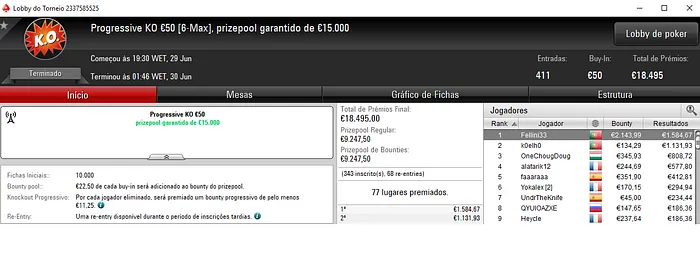 PokerStars.FRESPT: Fellini33 Conquista o Progressive KO €50 & Mais 101