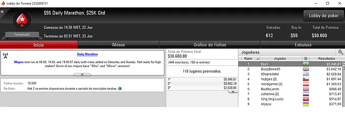 PokerStars: tlss1 Venceu o Daily Marathon; FERRIS243 o Hot  & Mais 101