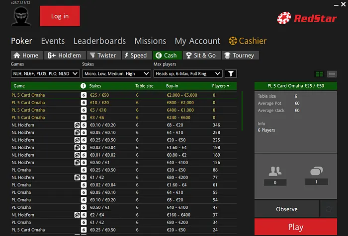 Cash game No Limit Holdem redstar poker