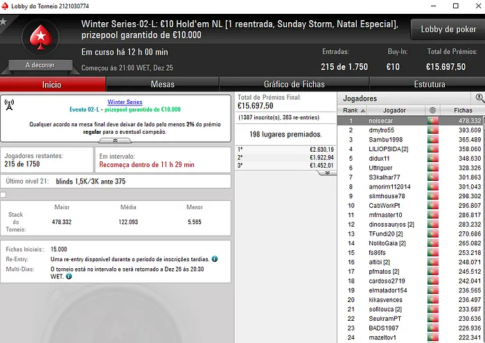 Winter Series: Evento #2 High com €5,042 para o Campeão 103