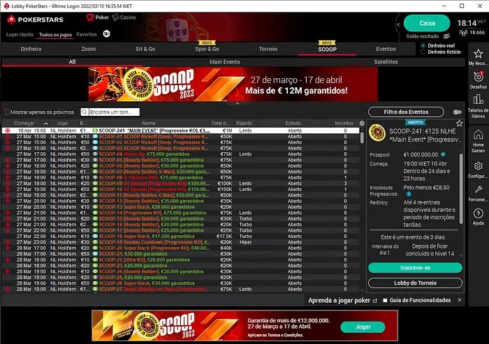 Calendário SCOOP 2022 Pokerstars Portugal