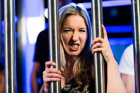 Vicky Coren Mitchell in the Shark Cage. Photo courtesy of the PokerStars Blog.
