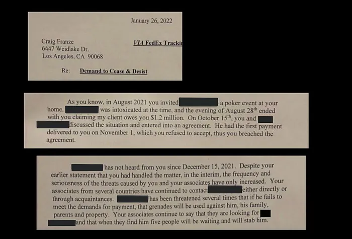 Carta de cessar e desistir enviada a Craig Franze em janeiro de 2022