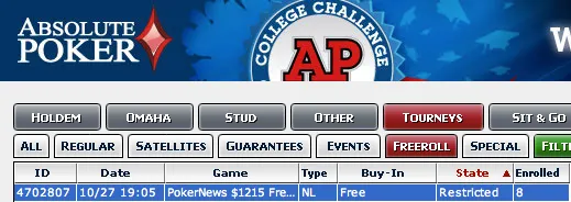 Hoje às 23:05 PokerNews 15 Freeroll na Absolute Poker 101