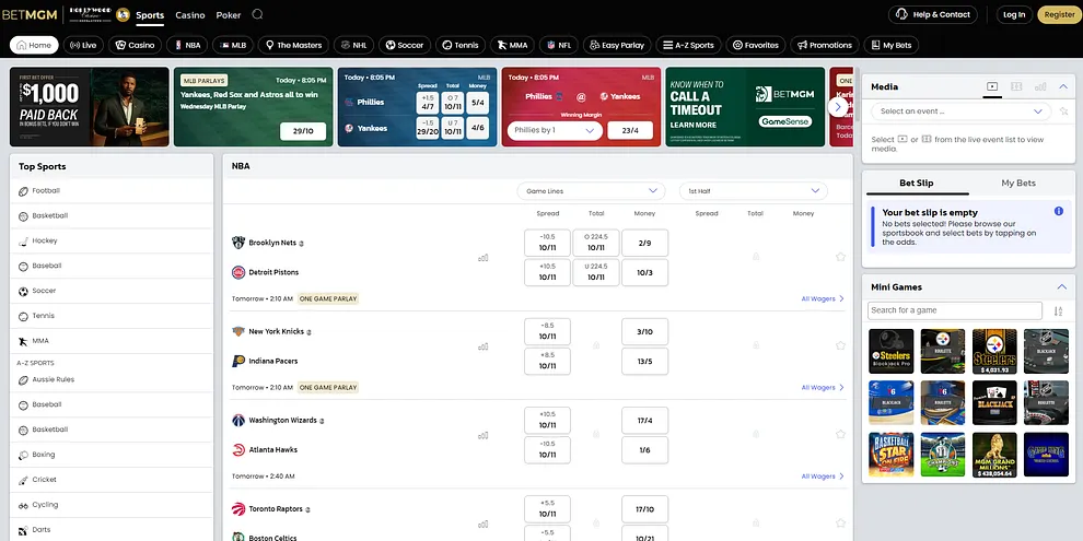 BetMGM Sportsbook's front page shows the maximum info without crowding the eye