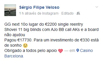 Sérgio Veloso 10º no €2,200 Single Re-Entry no PSC Barcelona (€17,730) 101