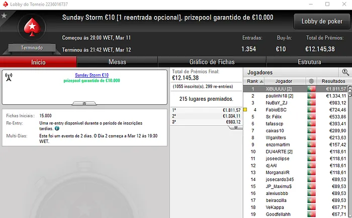 Squeezamos Vence o Sunday Special €100 e XIBUUUU o Sunday Storm €10 102