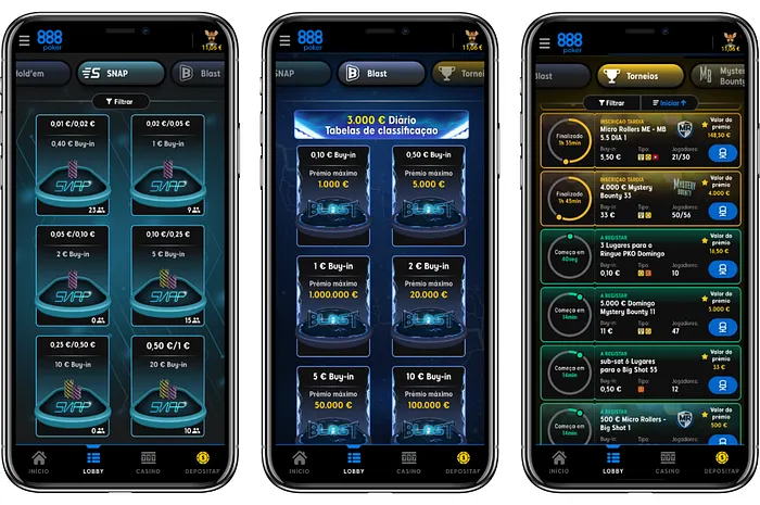 Menu jogos disponíveis na 888poker pt App
