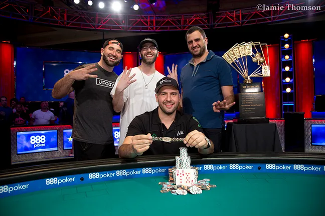 Michael Mizrachi and his brothers after his third PPC win in 2018