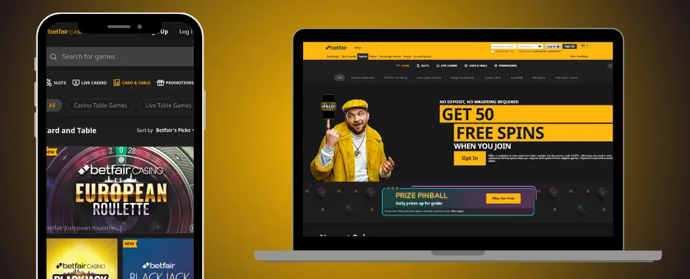 Interfaz de Betfair casino online