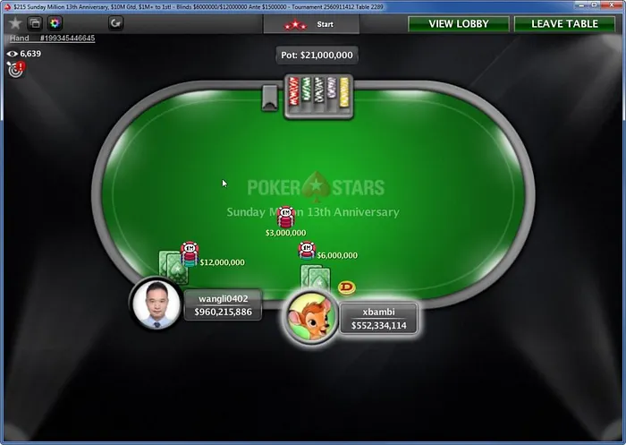 $215 Sunday Million 13th Anniversary Edition heads-up between China's 