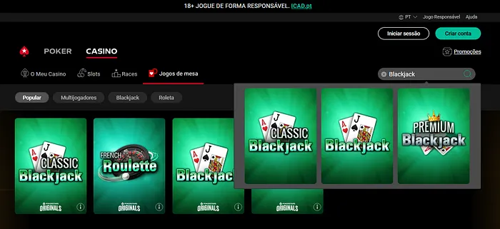 Blackjack dinheiro real PokerStars Casino Portugal