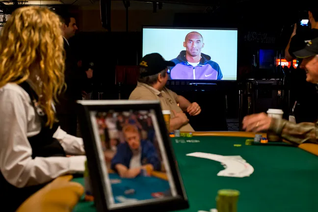 LA Lakers Kobe Bryant pays tribute to Dr. Jerry Buss on a video screen in the Amazon Room at the WSOP.