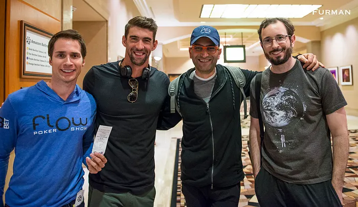 Jeff Gross with Michael Phelps, Antonio Esfandiari, and Brian Rast in the 2017 WSOP $10,000 Tag Team Event