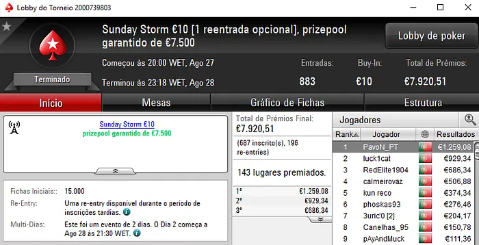 Callme21t Vence Sunday Special €100 e PavoN_PT o Sunday Storm €10 102