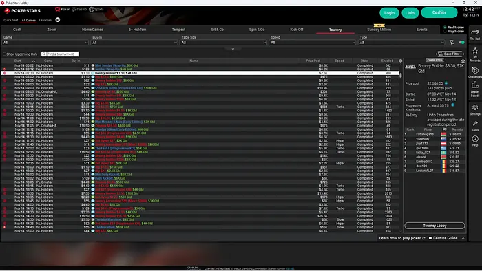 PokerStars NJ tournament lobby