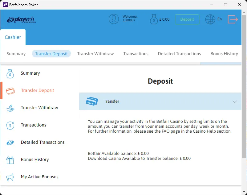 Transfer funds on Betfair Poker