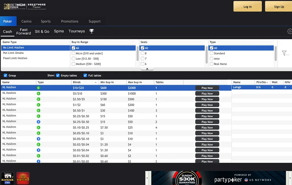 A look at the BetMGM PA cash game lobby