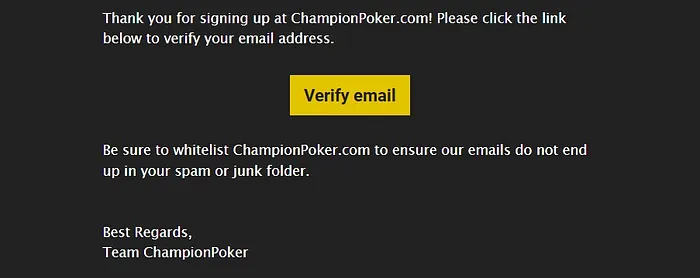 verificação de email cadastro championpoker