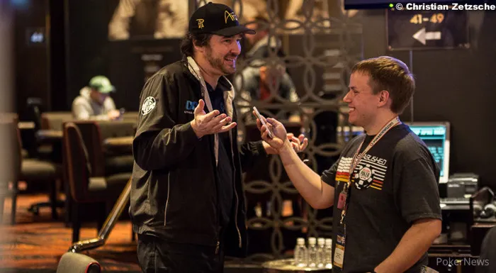 Phil Hellmuth being interviewed by PokerNews' Chad Holloway.