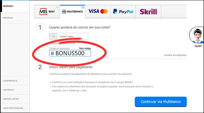 Campo onde inserir o código de bónus da 888poker.pt