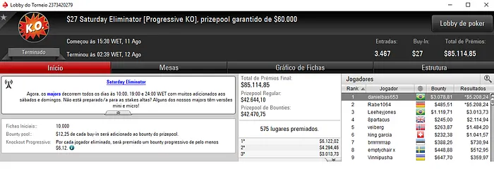 Forras Online: Vitória de danielbas653 no Saturday Eliminator & Mais 101