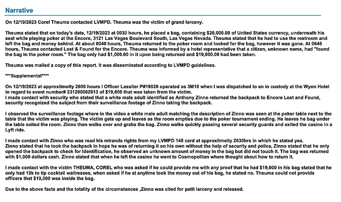 Anthony Zinno Police Report