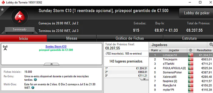 Fredmdd Conquista Sunday Special €100 e Limazao10 o Sunday Storm €10 & Mais 102