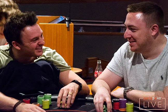 Sam Trickett and Mitchell Johnson share a joke at the #partypokerLIVE High Roller table