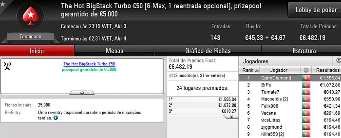 QuimDiamond Volta a Vencer The Hot BigStack Turbo €50 & Mais 101