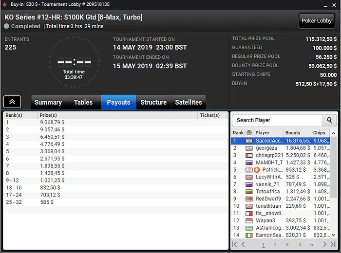 Carlos Branco Campeão nas KO Series da partypoker para .885 101