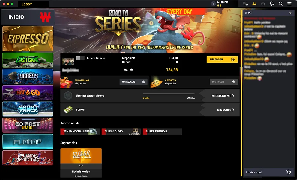 Lobby do software desktop da Winamax.es