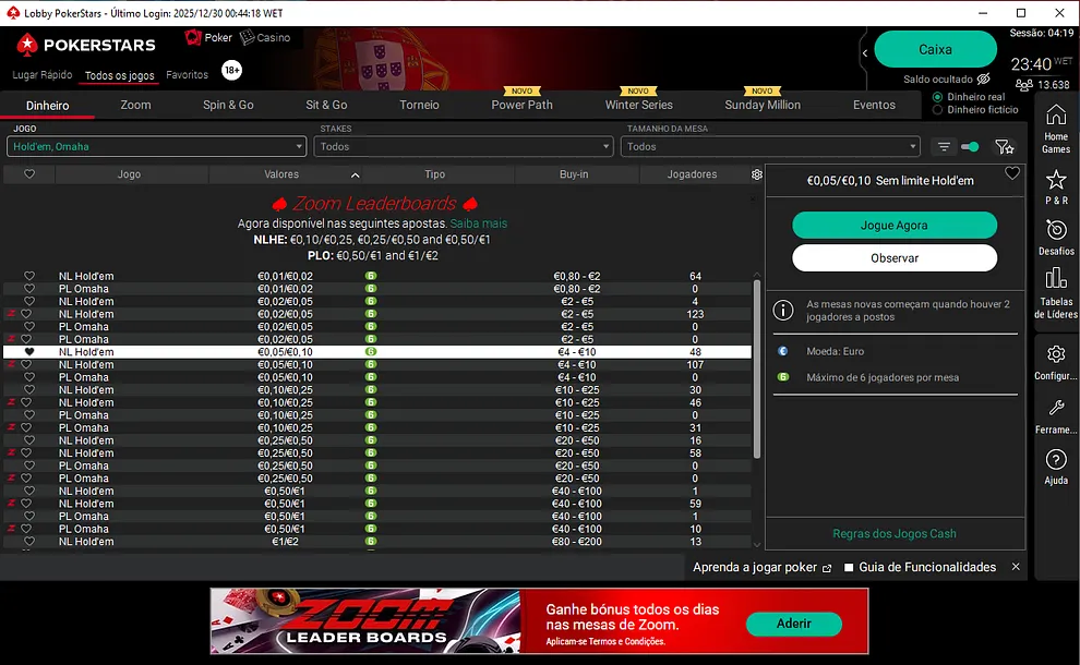 Lobby de cash games da PokerStars.pt