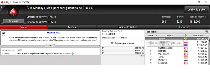 PokerStars: Diego "dilimAA" Lima Crava Monday 6-Max (,756) & Mais 101