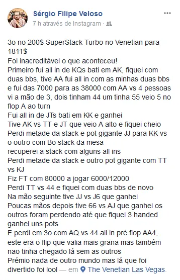 Dois ITM's e ,262 para Sérgio Veloso em Las Vegas 102
