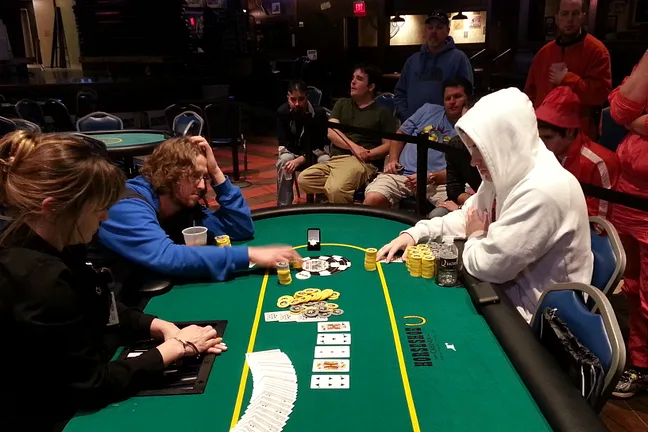 Brendan Waite spikes in a call in what would be the final hand.