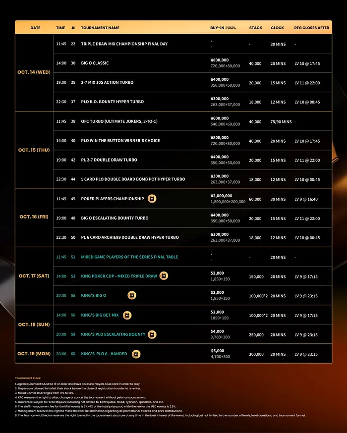 Mixed Game Event Schedule