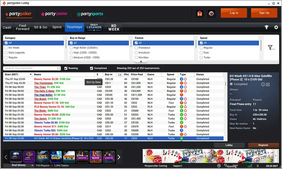 Tournament lobby on PartyPoker ON