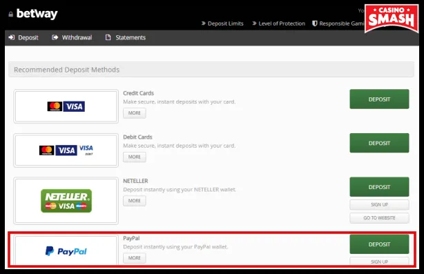 deposit at Betway Casino