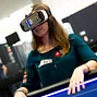 Liv Boeree tests out the virtual reality headset