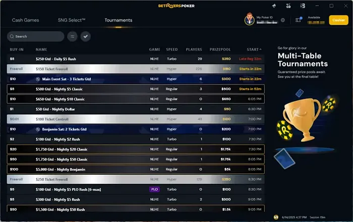 BetRivers Poker tournament lobby