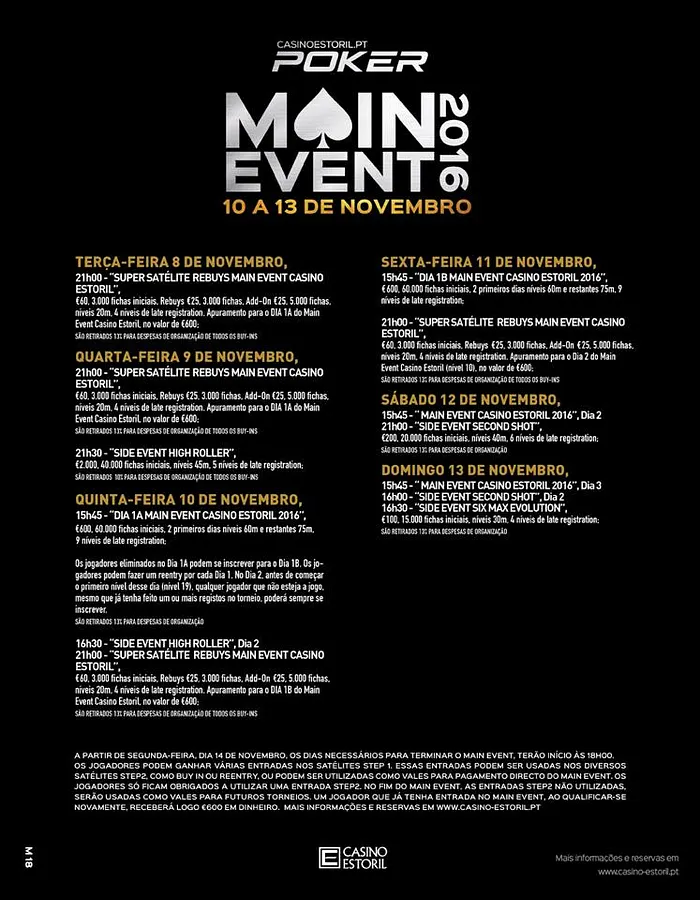 Main Event Casino Estoril Arranca Dia 8 Nov. com Super Satélite Rebuys 101