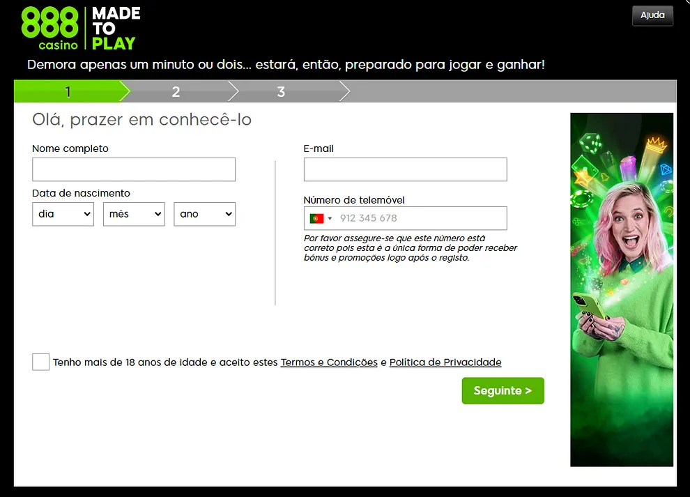 Formulário de registo 888 casino Portugal