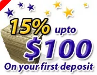 15% up to $100 on your first deposit! 0001
